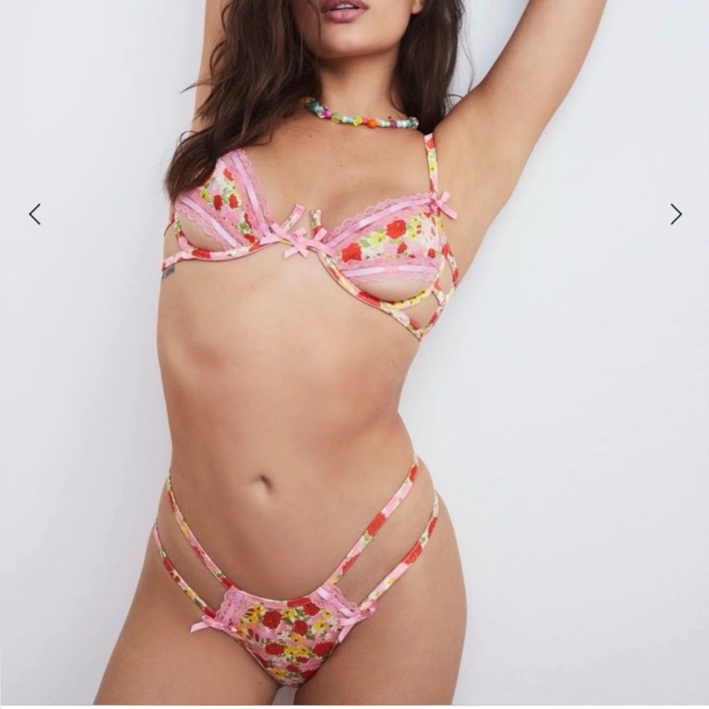 For Love And Lemons SET Painterly Floral Cutout Bra and thong With Bows And Lace